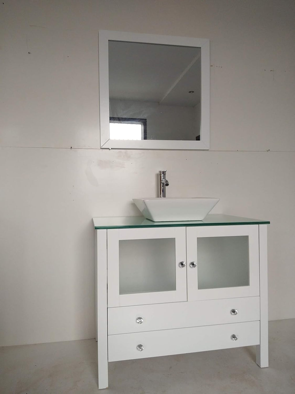 36' Freestanding Wooden Modern Bathroom Vanity Ceramic Sink Vessel Set Bathroom Mirror Included (36', White)