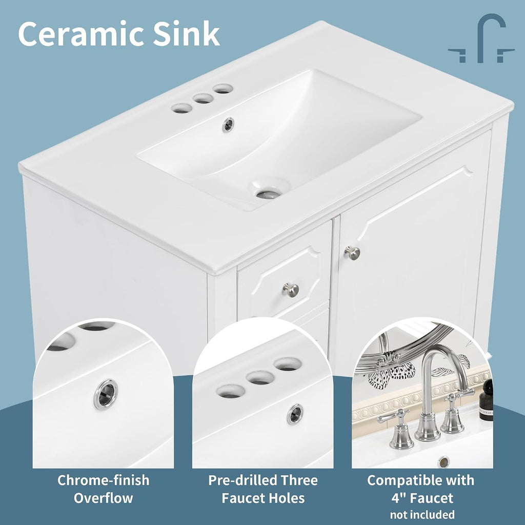 Bathroom Vanity with Ceramic Sink 30 inch, Multi-Functional Storage Cabinet with Drawers and Door Shelf, Solid Wood Frame, Soft-Closing Door, White
