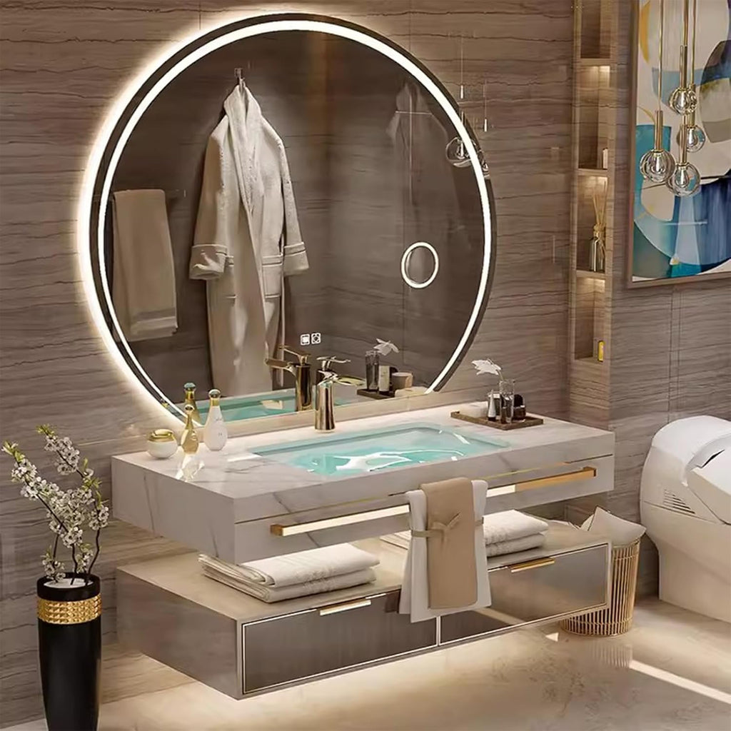Floating Bathroom Vanity with Sink, Luxury Bathroom Vanity with LED Round Smart Defogger Mirror,Multilayer Solid Wood Spacious Storage Drawer Include Faucet and Drain Fittings,Single Sink(32')