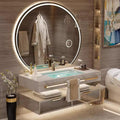 Floating Bathroom Vanity with Sink, Luxury Bathroom Vanity with LED Round Smart Defogger Mirror,Multilayer Solid Wood Spacious Storage Drawer Include Faucet and Drain Fittings,Single Sink(32')