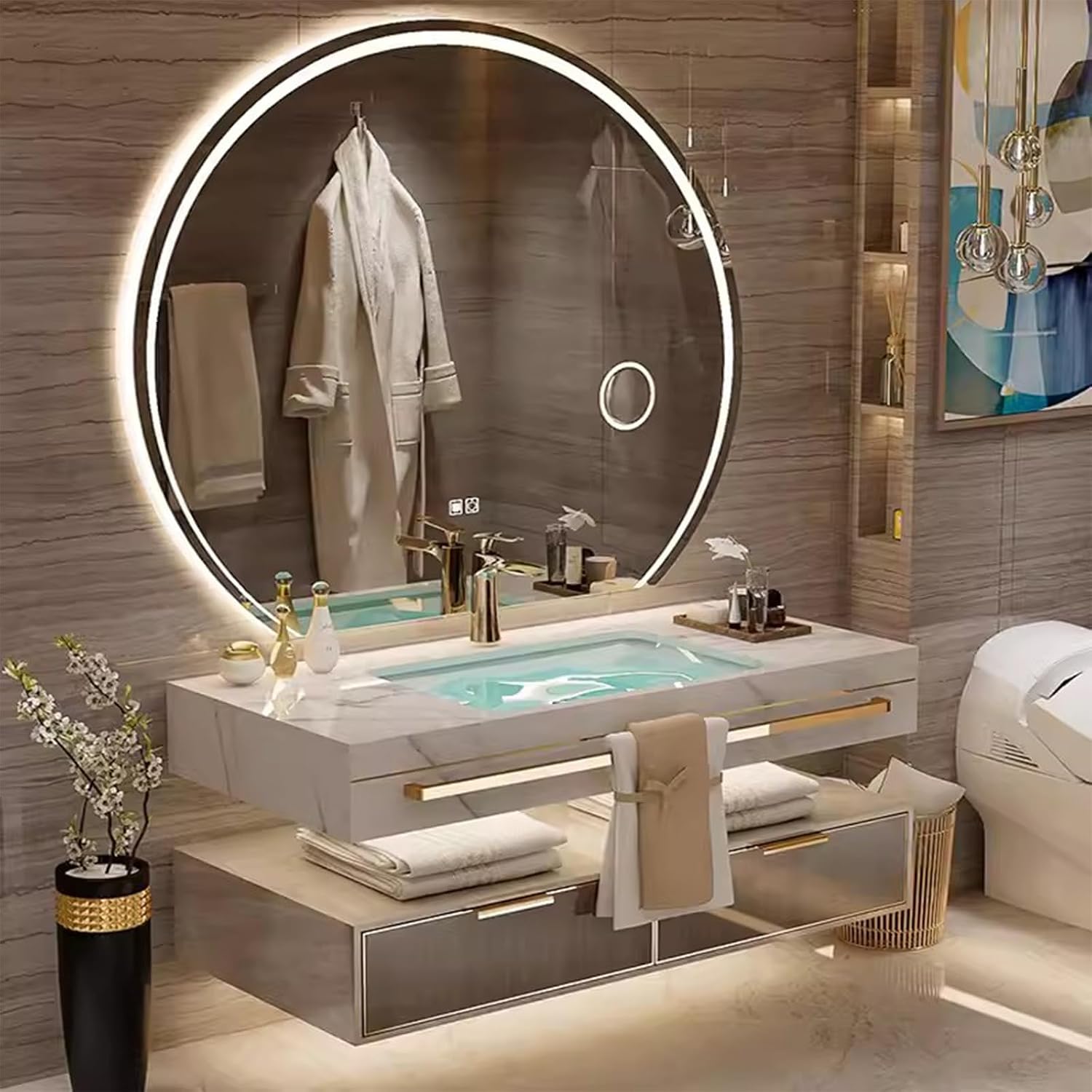 Floating Bathroom Vanity with Sink, Luxury Bathroom Vanity with LED Round Smart Defogger Mirror,Multilayer Solid Wood Spacious Storage Drawer Include Faucet and Drain Fittings,Single Sink(32')
