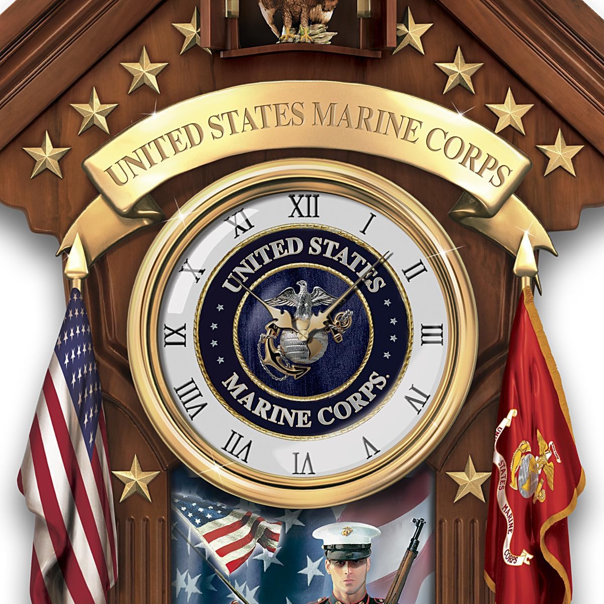 The Bradford Exchange USMC Semper Fi Fully Sculpted Cuckoo Clock with Mahogany Finish