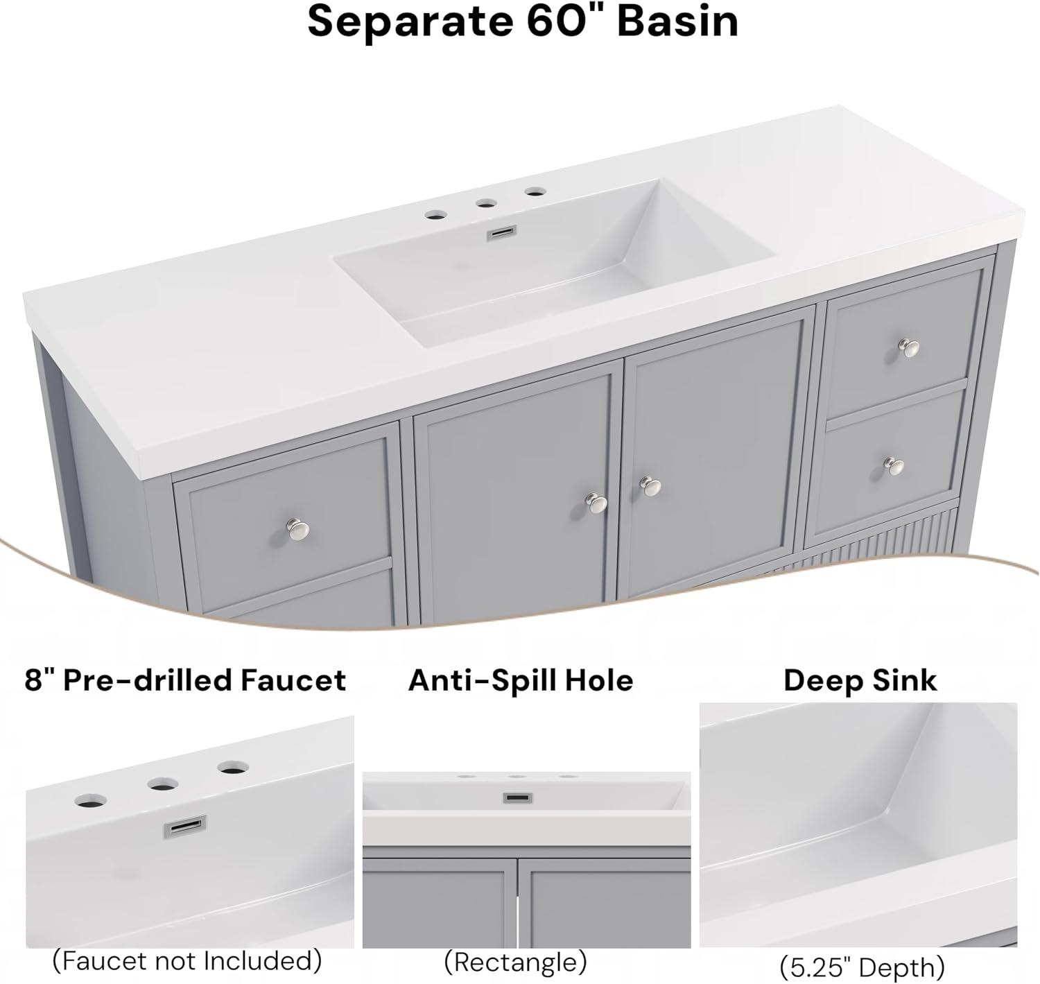 Merax 60 Inch Bathroom Vanity with Sink, Modern Freestanding Storage Cabinet with Soft Close Doors and 4 Drawers, Large Bathroom Furniture, Engineered Marble Top, Grey