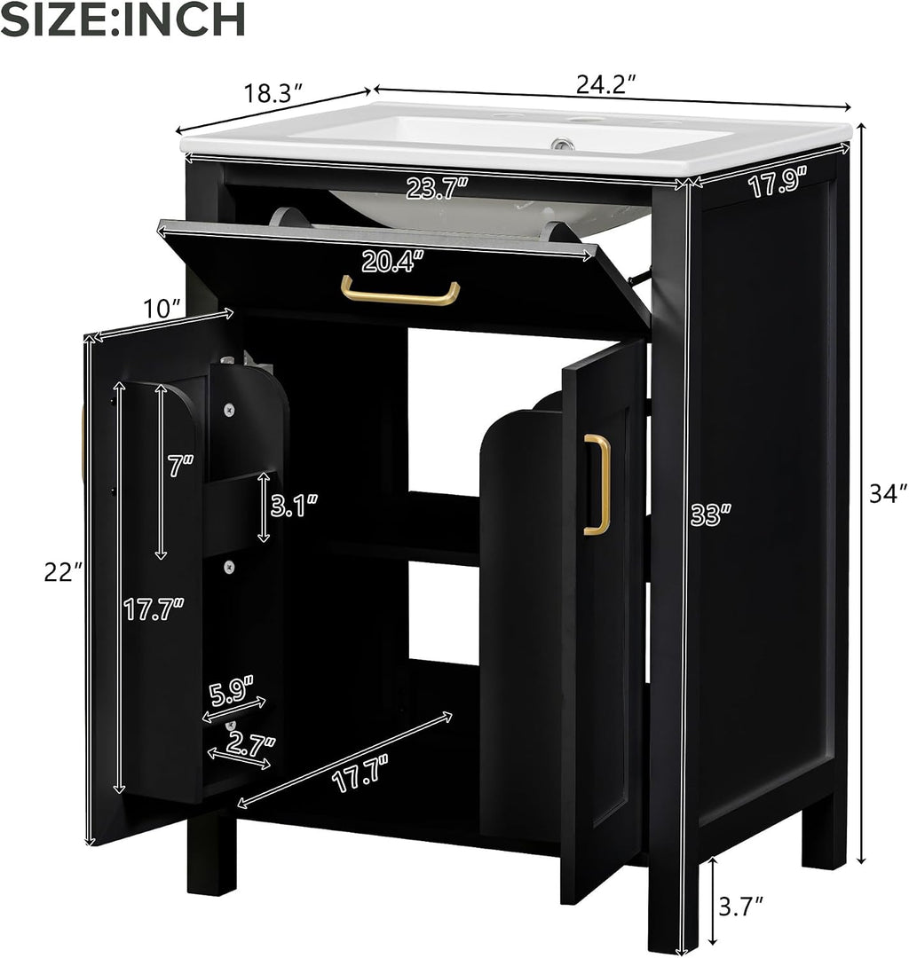 Harper & Bright Designs 24' Bathroom Vanity with Sink, Free Standing Single Basin Vanity Set with 2 Soft-Close Doors and Drawer, Modern Wooden Bathroom Cabinet with Ceramic Basin for Bathroom, Black