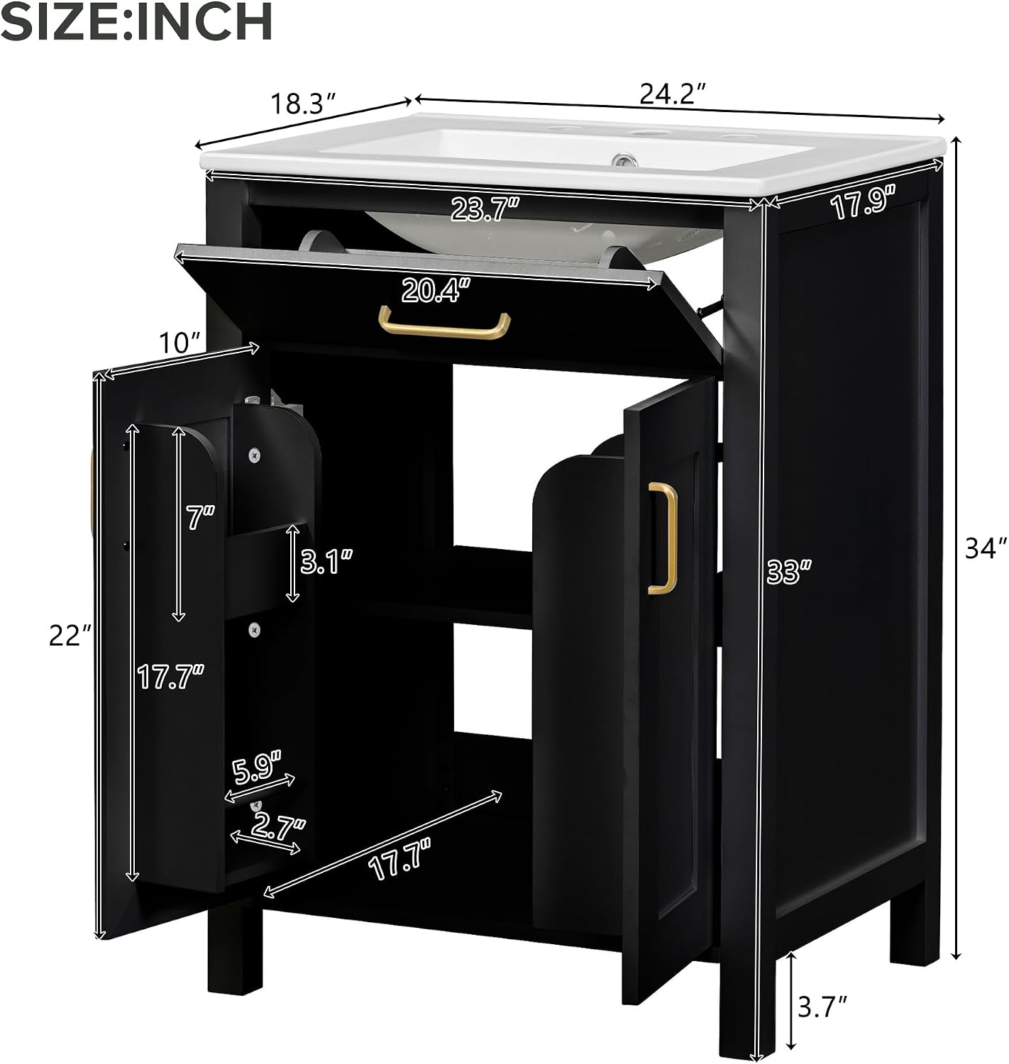 Harper & Bright Designs 24' Bathroom Vanity with Sink, Free Standing Single Basin Vanity Set with 2 Soft-Close Doors and Drawer, Modern Wooden Bathroom Cabinet with Ceramic Basin for Bathroom, Black