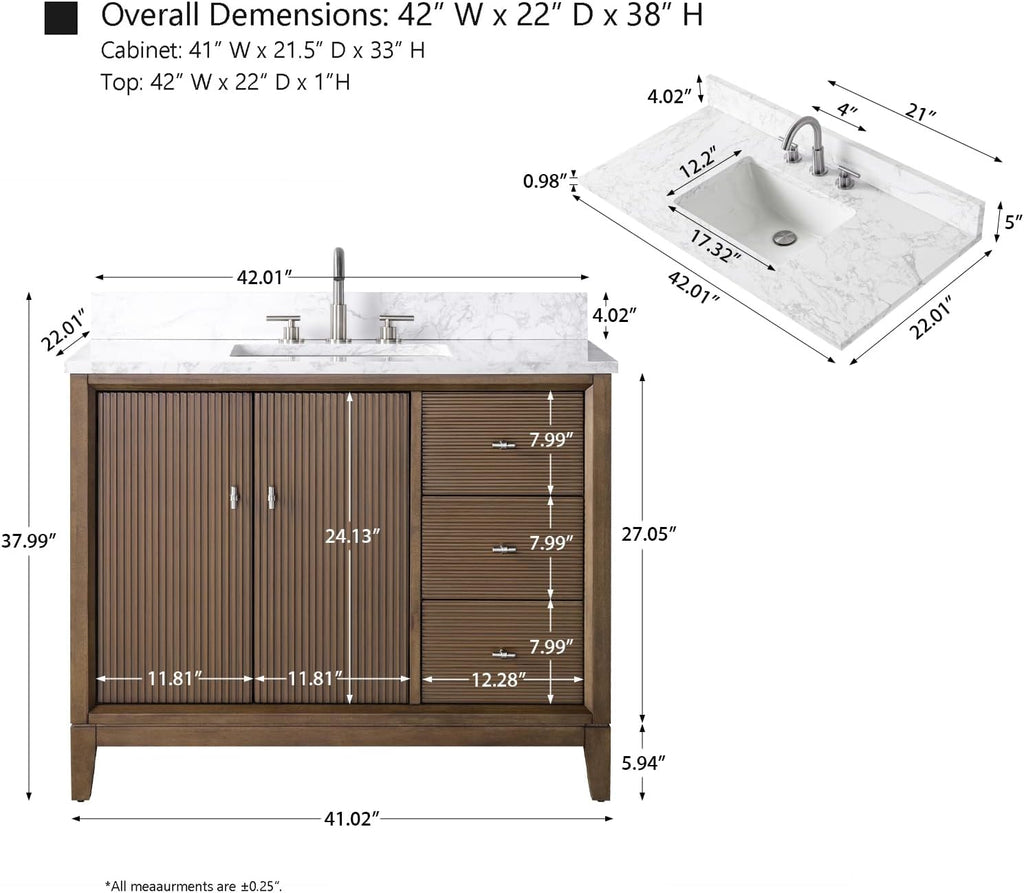 HOMEBEYOND 42' Bathroom Vanity with Single Sink & Engineered Marble Top, Solid Wood Frame, Linear Pattern & Soft Close Door | Golden Brushed Handware, Walnut