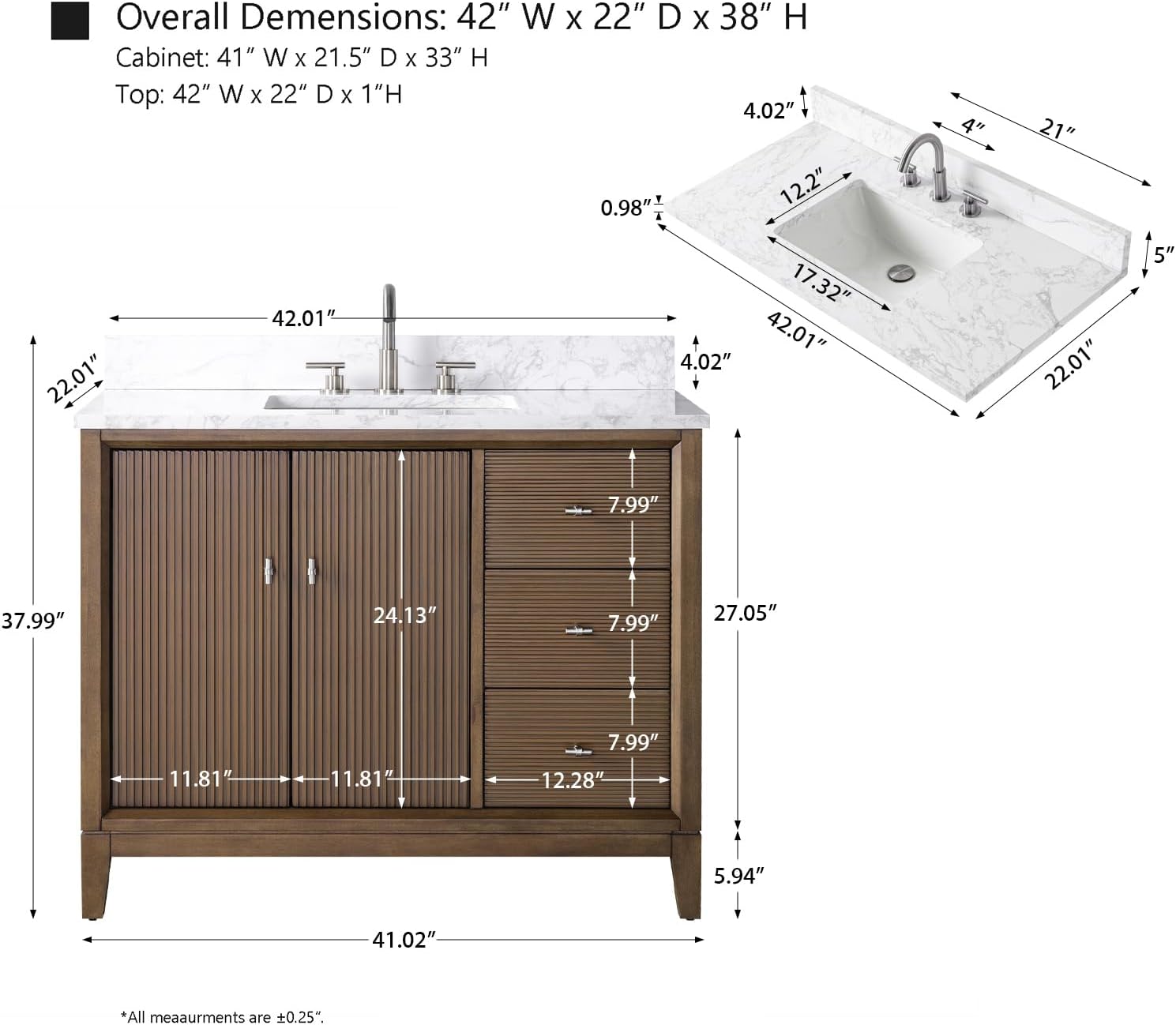 HOMEBEYOND 42' Bathroom Vanity with Single Sink & Engineered Marble Top, Solid Wood Frame, Linear Pattern & Soft Close Door | Golden Brushed Handware, Walnut