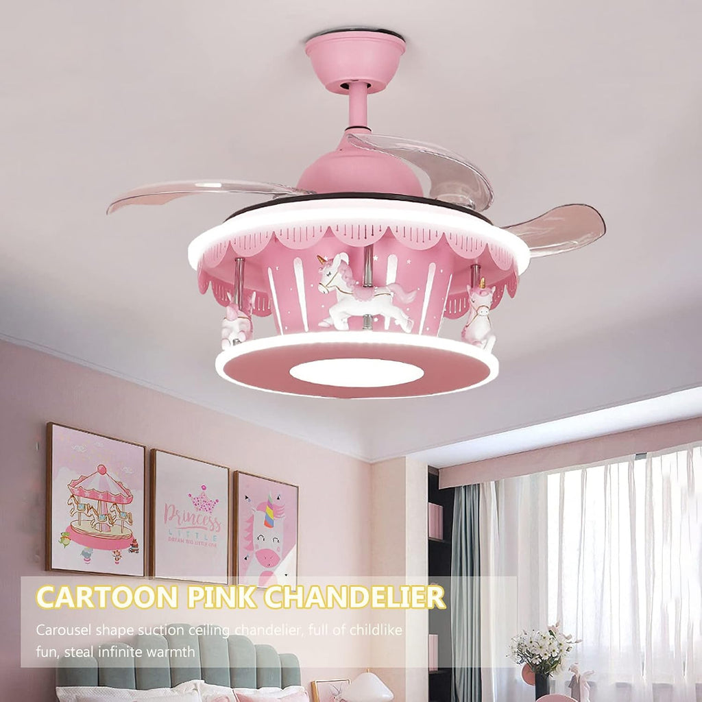 Cartoon Pink Ceiling Fan with Lights Kids LED Ceiling Lamp Creative Carousel with Invisible Blades Close to Ceiling Lighting for Living Room Bedroom