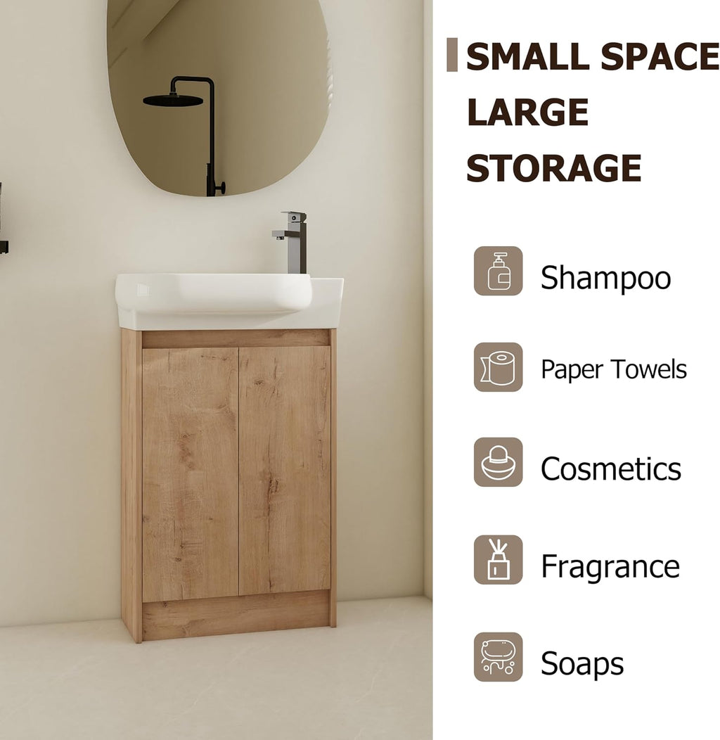 23' Small Bathroom Vanity with Sink, Freestanding Bathroom Vanity Cabinet with Round Ceramic Basin, Soft Closing Doors, Adjustable Shelves, Modern Single Sink Bathroom Vanity, Imitative Oak
