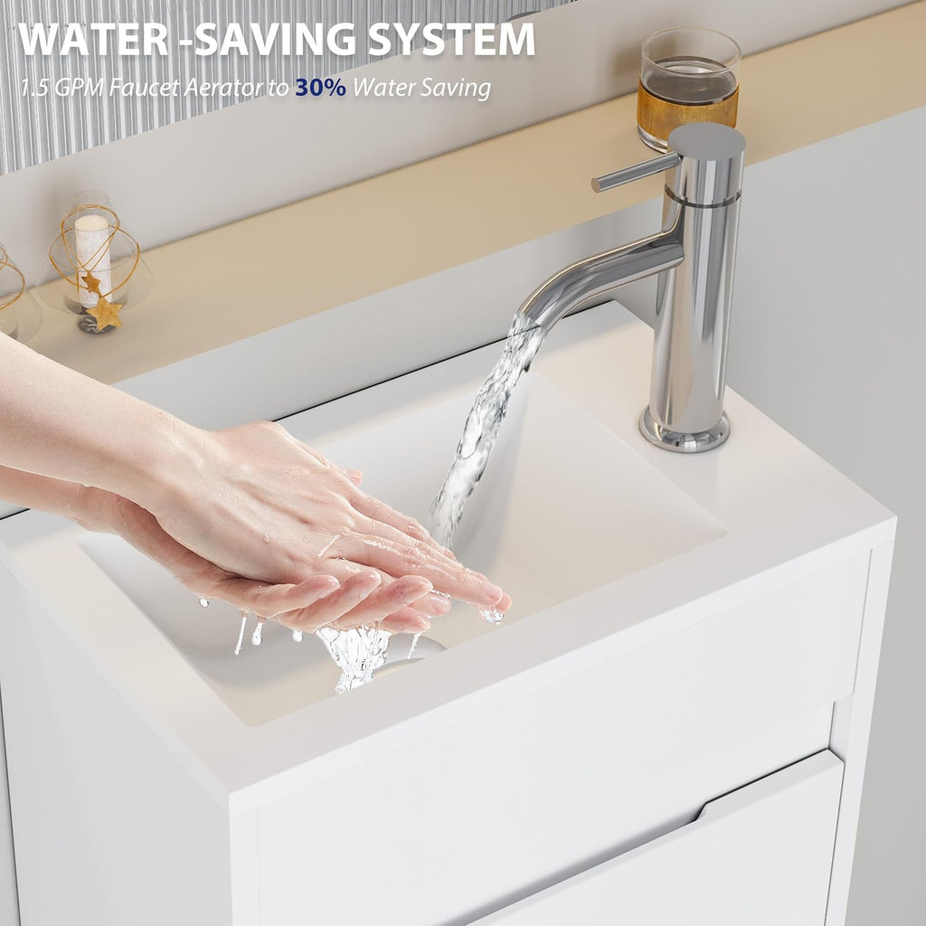 eclife 16' Small Bathroom Vanity Sink Combo, Modern Painted Wall Mounted Floating Cabinet W/Resin Basin Sink Top, Chrome Water Save Faucet & Pop Up Drain (White)