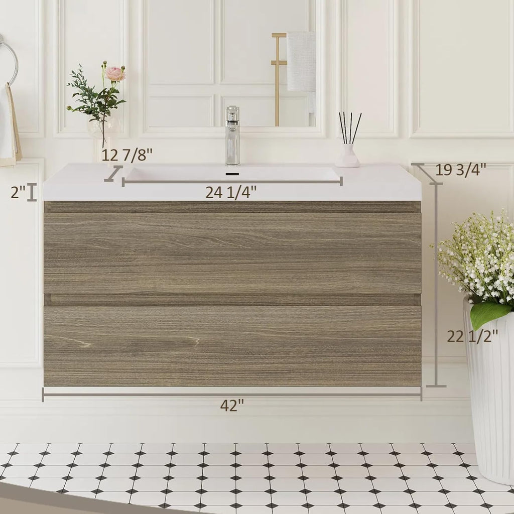 Floating Bathroom Vanity with Sink, Modern 42' Wall Mounted Vanity with Resin Top Basin and 2 U-Shaped Soft-Close Storage Drawers, Bathroom Storage Cabinet with Invisible Handle, Grey