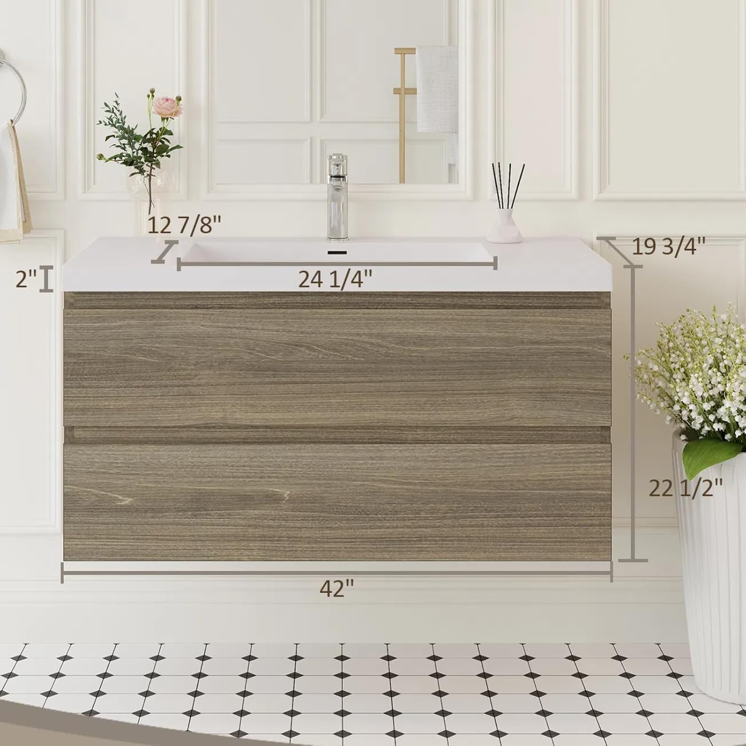 Floating Bathroom Vanity with Sink, Modern 42' Wall Mounted Vanity with Resin Top Basin and 2 U-Shaped Soft-Close Storage Drawers, Bathroom Storage Cabinet with Invisible Handle, Grey