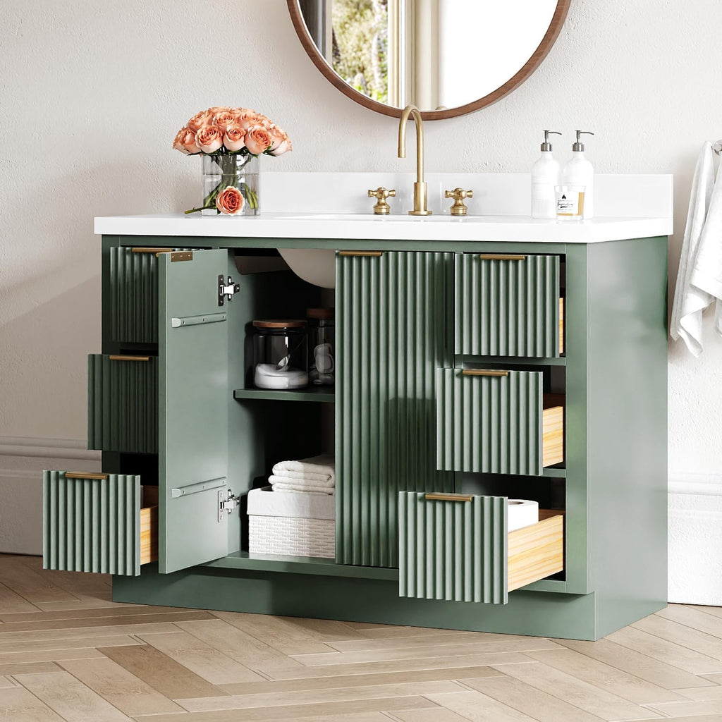ARIEL Milan 48-inch Bathroom Vanity with Sink,Solid Wood, 1.5-inch Pure White Quartz Countertop, Single Rectangular Porcelain Sink, Soft Closing Doors, Dovetail Drawers, Vintage Green
