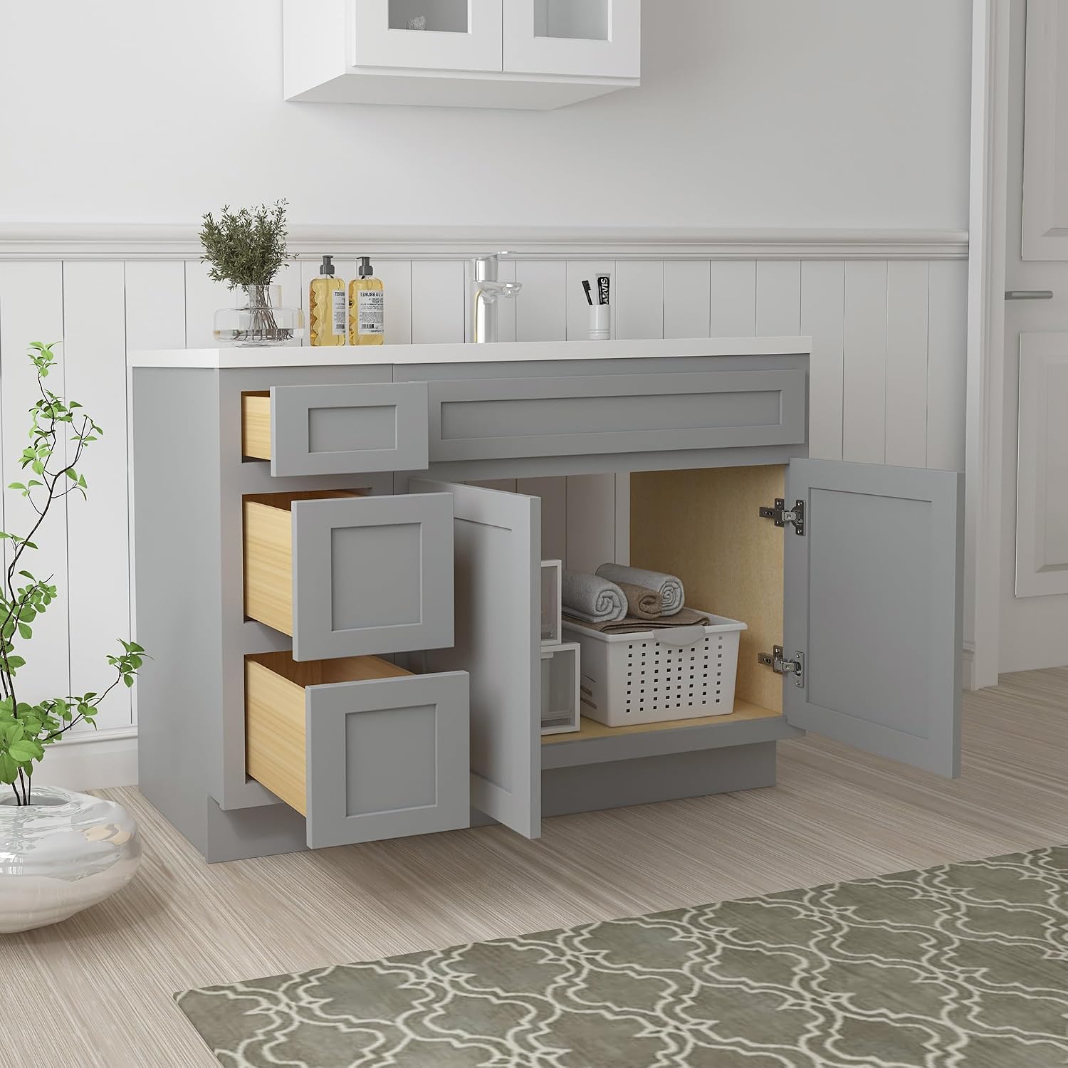 Vanity Art 45' Unassembled Bathroom Vanity with 2-Door 3-Drawer, Wood Bathroom Vanity Cabinet with Soft Closing Shaker Drawer, Sturdy Floor Mounted Cabinet Without Top VA4045-3S-G