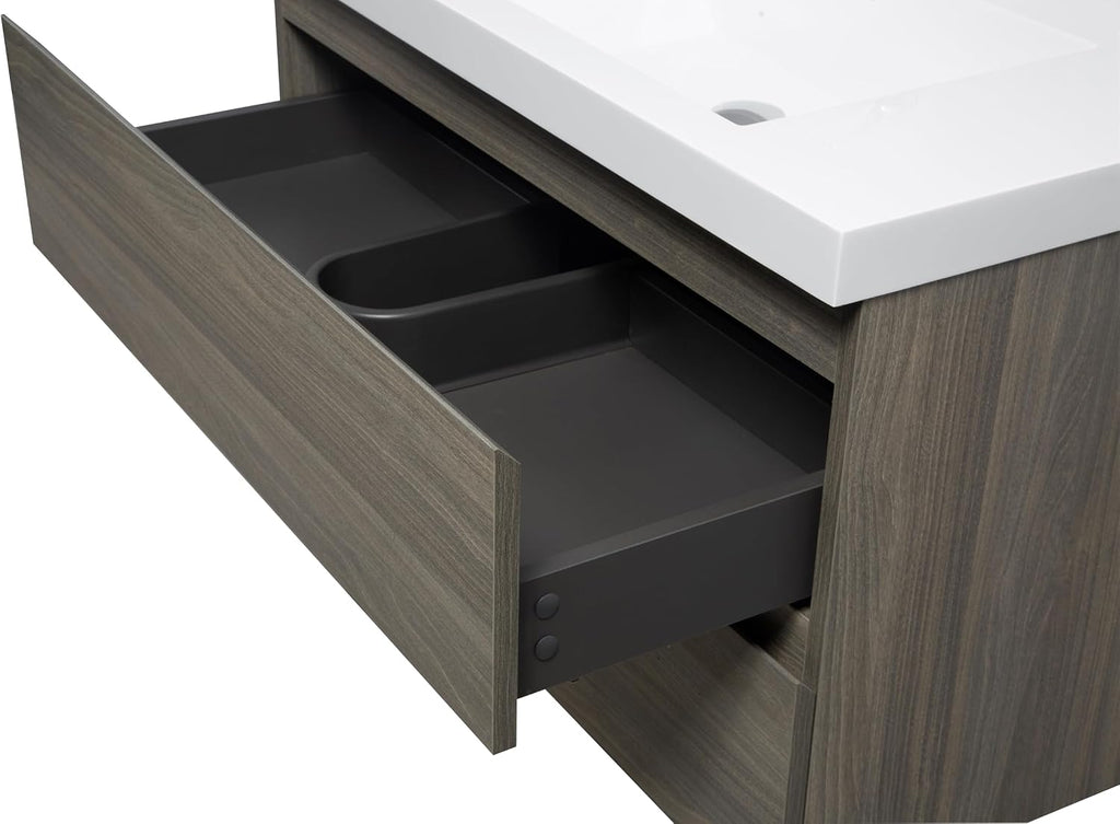 Neftis 36-Inch Floating Vanity with Sink, Pre-Assembled Modern Bathroom Vanity Sink Combo with Storage, Soft-Closing Drawers, One-piece Countertop White Resin Sink, Ash Grey Vanity for Bathroom