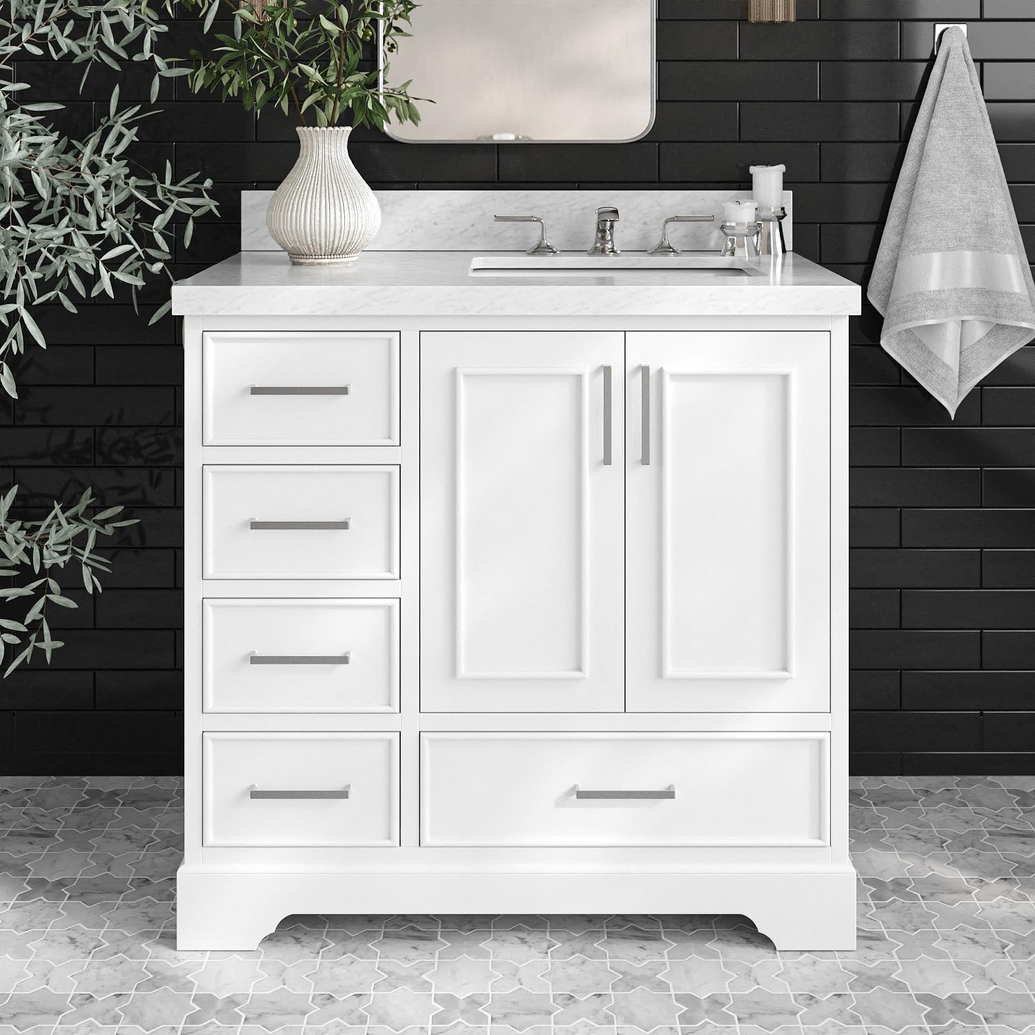 ARIEL Stafford 36-inch Bathroom Vanity with Sink,Solid Wood, 1.5-inch Italian Carrara Marble Countertop, Single Rectangular Porcelain Sink, 2 Soft Closing Doors, 5 Dovetail Drawers, White