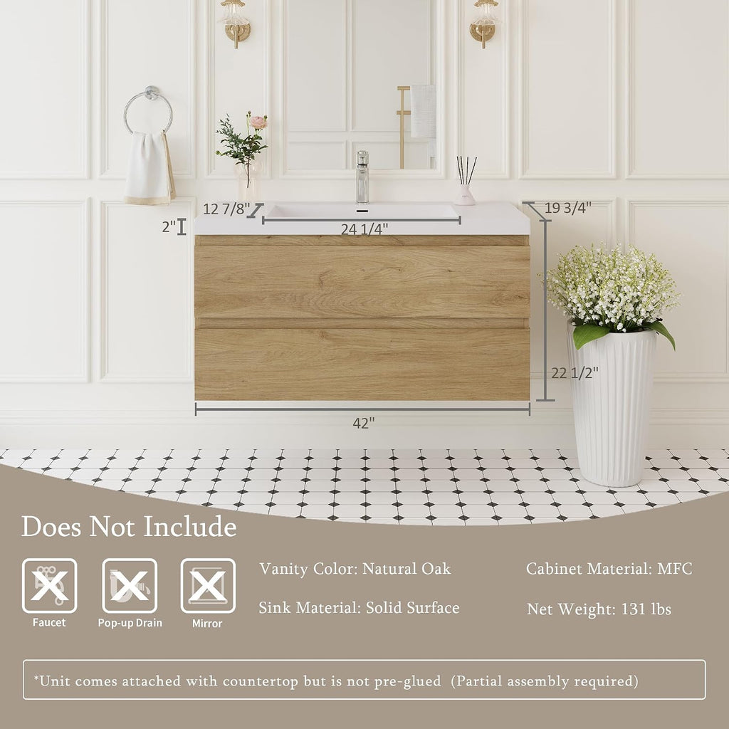 42' Floating Bathroom Vanity with Sink, Wall Mounted Bathroom Storage Vanity Cabinet with Solid Top Basin and Soft Close Drawers, Natural Oak