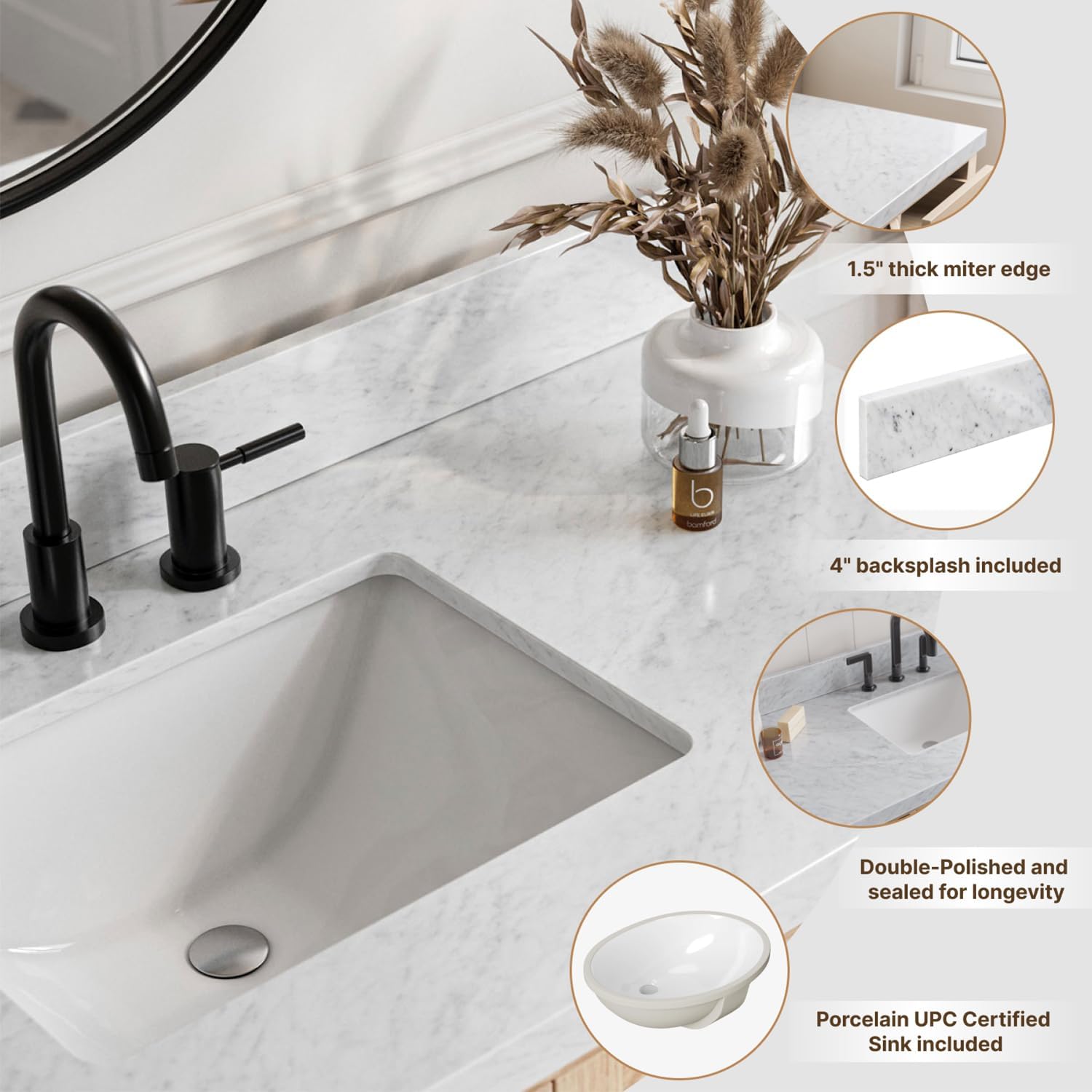DKB Beckford 42-Inch Oak Bathroom Vanity with Sink, Italian Carrara Marble Countertop & 4' Backsplash, Soft Closing Door & Drawer, Matte Black Hardware