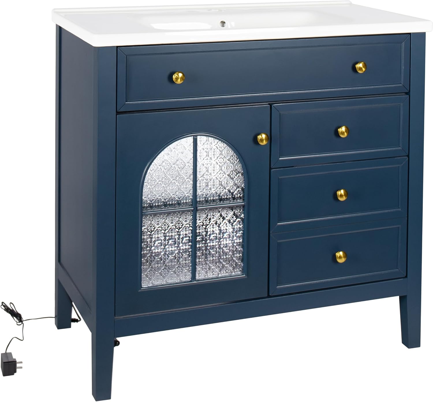 36 inch Bathroom Vanity with Sink, Mid Century Modern Freestanding Bathroom Cabinet with Ceramic Sink, 1 Flip Top Drawer, 2 Storage Drawers, Flower Patterned Glass Door, Adjustable Shelf, Blue