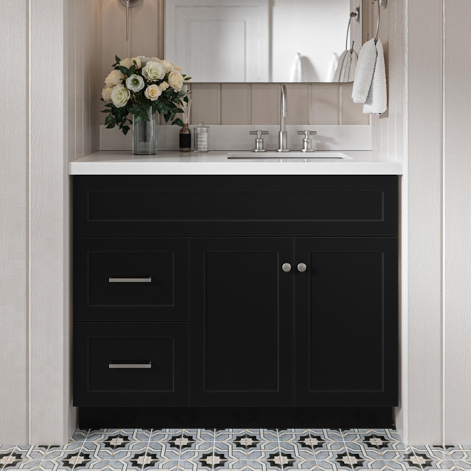 DKB Bradford 42' Black Single Bathroom Vanity with Sink, 1.5' Pure White Quartz Countertop, Rectangular Undermount Sink, Solid Wood Frame, 2 Soft-Closing Doors, 2 Dovetail Drawers