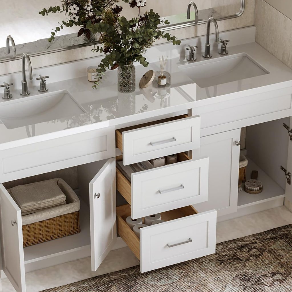 ARIEL Hamlet 72-inch Bathroom Vanity with Sink,Solid Wood, 1.5-inch Pure White Quartz Countertop & Backsplash, Double Rectangular Porcelain Sink, 4 Soft Closing Doors, 3 Dovetail Drawers, White