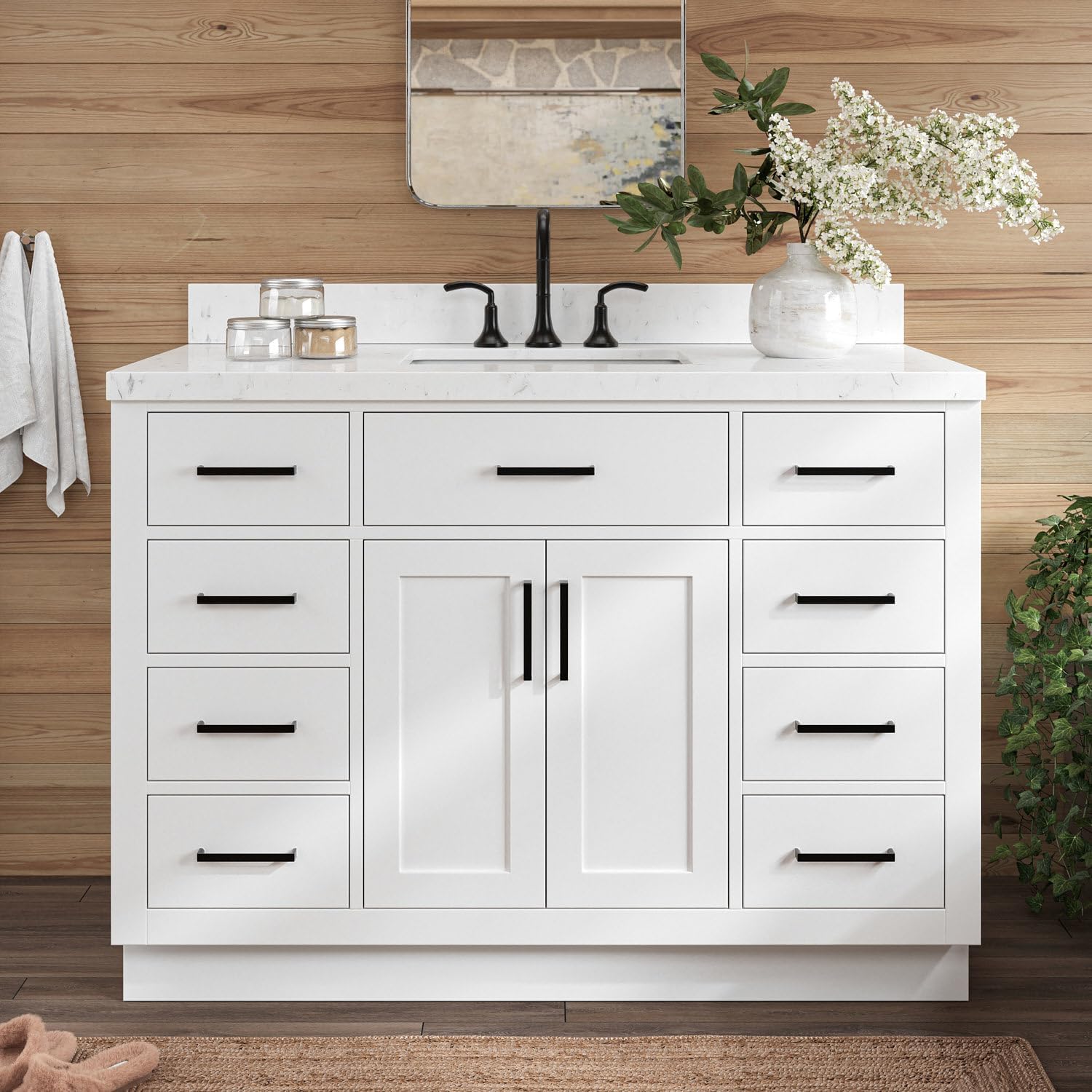 ARIEL Hepburn 48-inch Bathroom Vanity with Sink,Solid Wood, 1.5-inch Carrara White Quartz Countertop & Backsplash, Single Rectangular Porcelain Sink, 2 Soft Closing Doors, 9 Dovetail Drawers, White