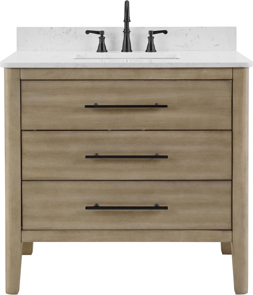 TILE & TOP Safford 36' Single Bathroom Vanity with Carrara White Quartz Top, Sink & Backsplash. 37' W x 22' D x 34.5' H. Oak Veneer. Solid Wood. Pre-Assembleb. 1 Till-Out & 2 Soft-Closing Drawers.