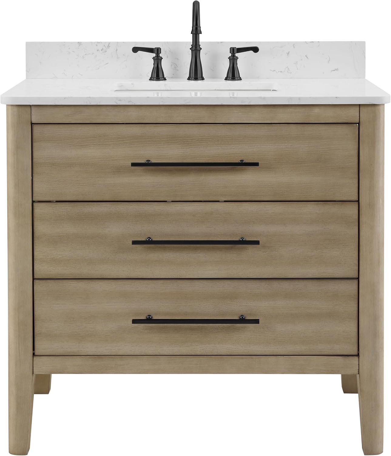 TILE & TOP Safford 36' Single Bathroom Vanity with Carrara White Quartz Top, Sink & Backsplash. 37' W x 22' D x 34.5' H. Oak Veneer. Solid Wood. Pre-Assembleb. 1 Till-Out & 2 Soft-Closing Drawers.