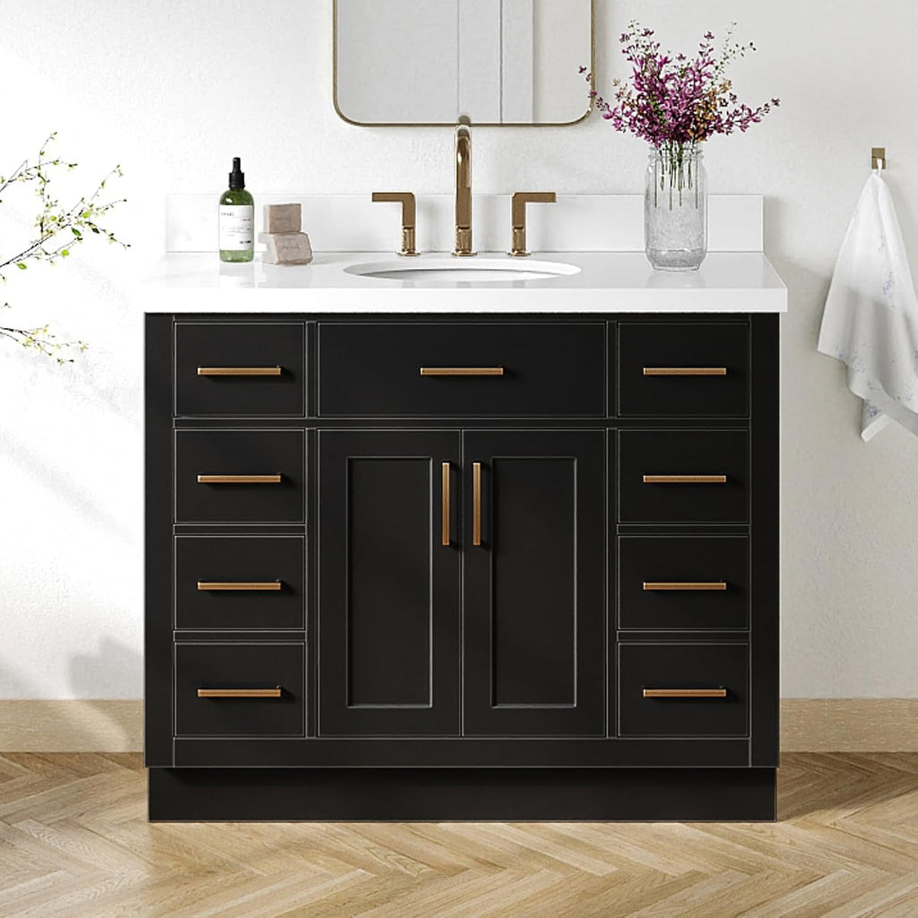 DKB Isabella 42-Inch Black Bathroom Vanity with Sink, White Quartz Countertop & 4' Backsplash, Oval Sink, Solid Wood Frame, Soft-Close Drawer, Premium Hardware