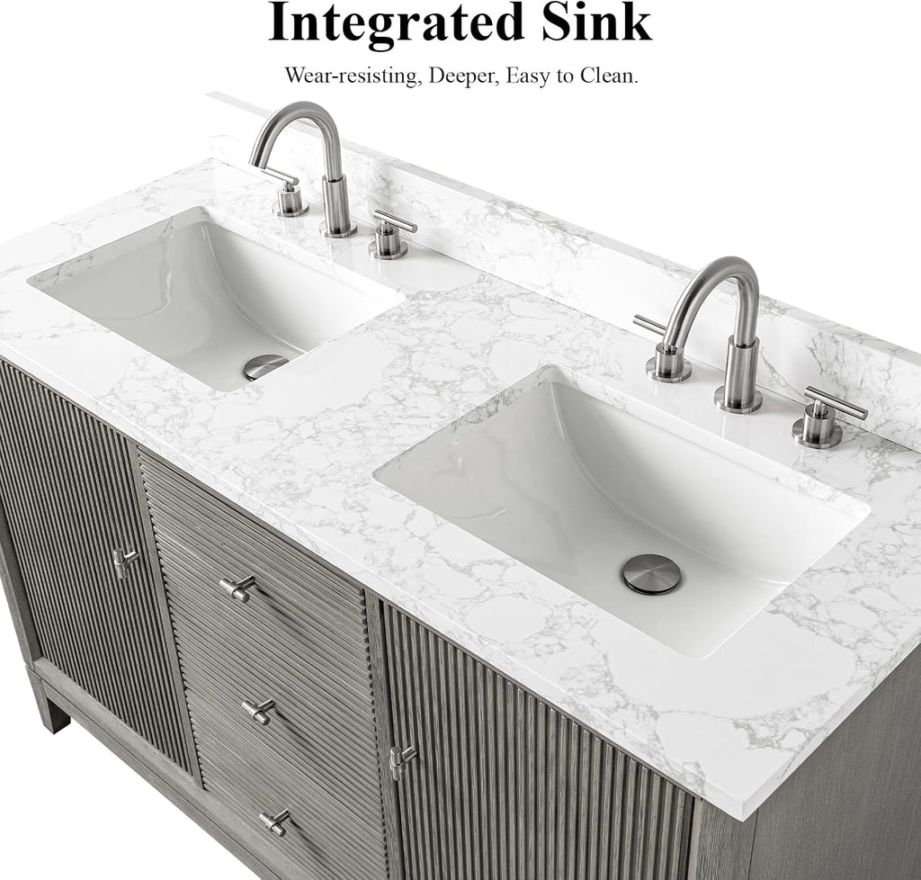 HOMEBEYOND 54' Bathroom Vanity with Double Sink & Engineered Marble Top, Solid Wood Frame, Linear Pattern & Soft Close Door | Golden Brushed Handware, Driftwood Gray