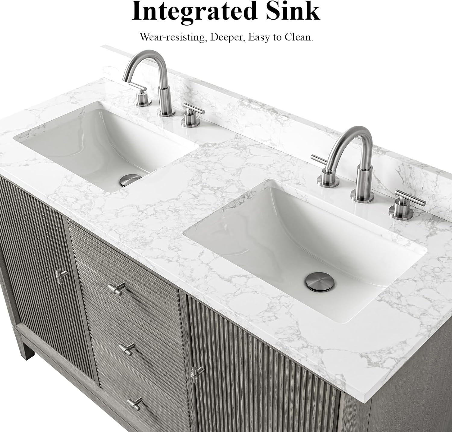 HOMEBEYOND 54' Bathroom Vanity with Double Sink & Engineered Marble Top, Solid Wood Frame, Linear Pattern & Soft Close Door | Golden Brushed Handware, Driftwood Gray