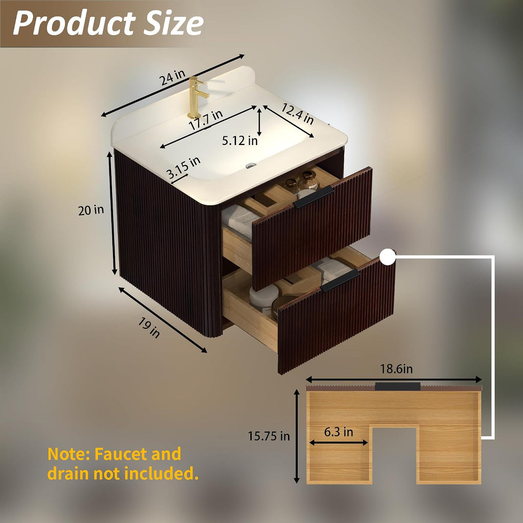 24 Inch Floating Bathroom Vanity with Sink, Wall Mounted Single Sink Bathroom Vanity, Modern Fluted Design, Soft Close Drawers, Quartz Countertop, Walnut Finish(Walnut, 24')