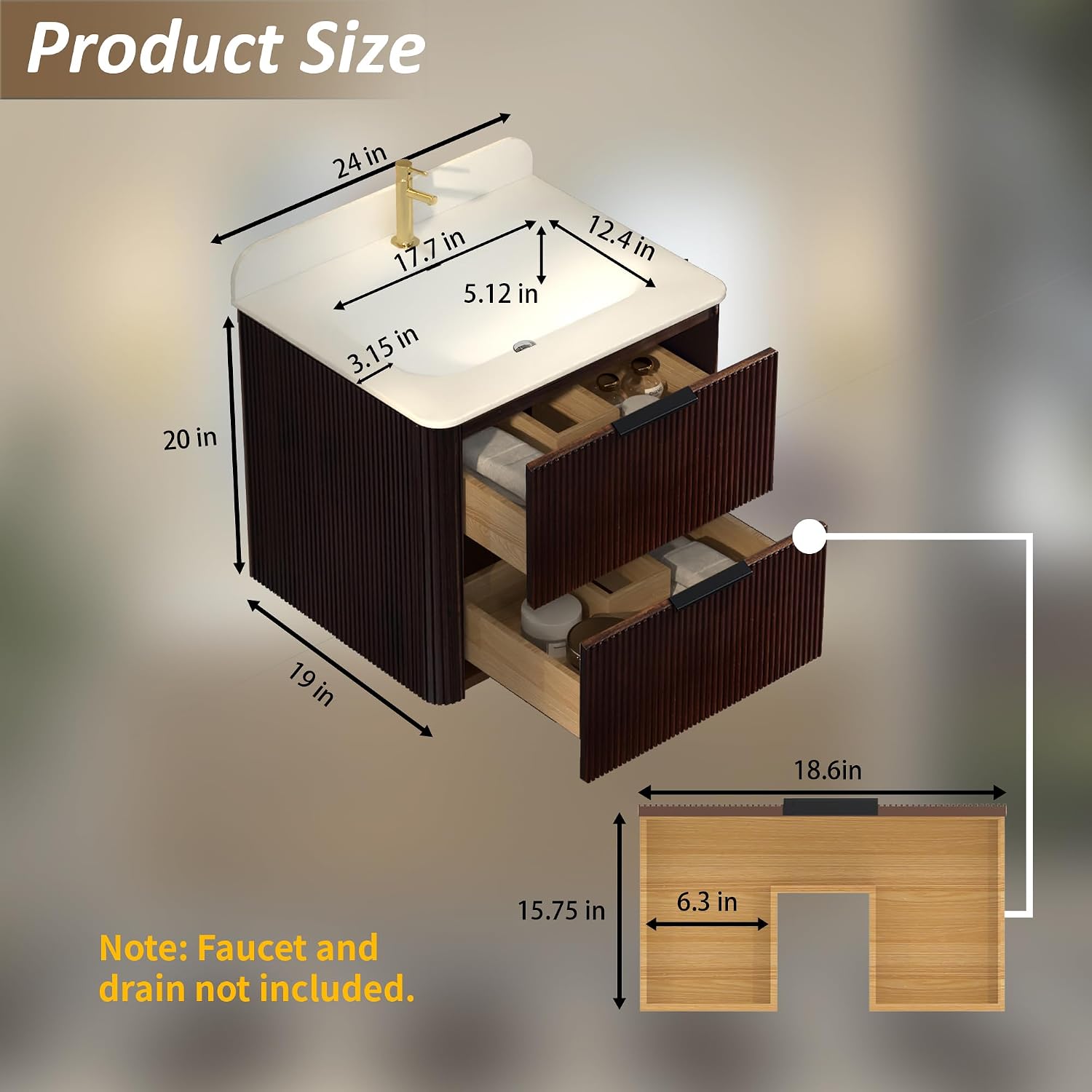 24 Inch Floating Bathroom Vanity with Sink, Wall Mounted Single Sink Bathroom Vanity, Modern Fluted Design, Soft Close Drawers, Quartz Countertop, Walnut Finish(Walnut, 24')