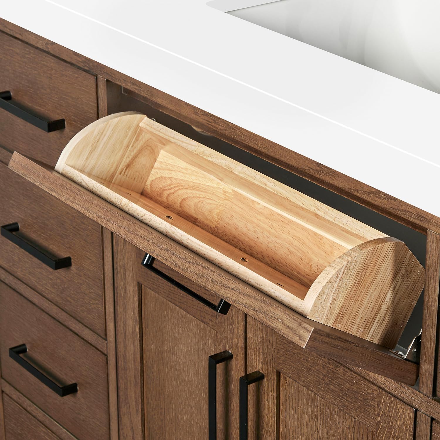 ARIEL Hepburn 48-inch Bathroom Vanity with Sink,Solid Wood, 1.5-inch Pure White Quartz Countertop, Single Rectangular Porcelain Sink, 2 Soft Closing Doors, 9 Dovetail Drawers, Brown Oak