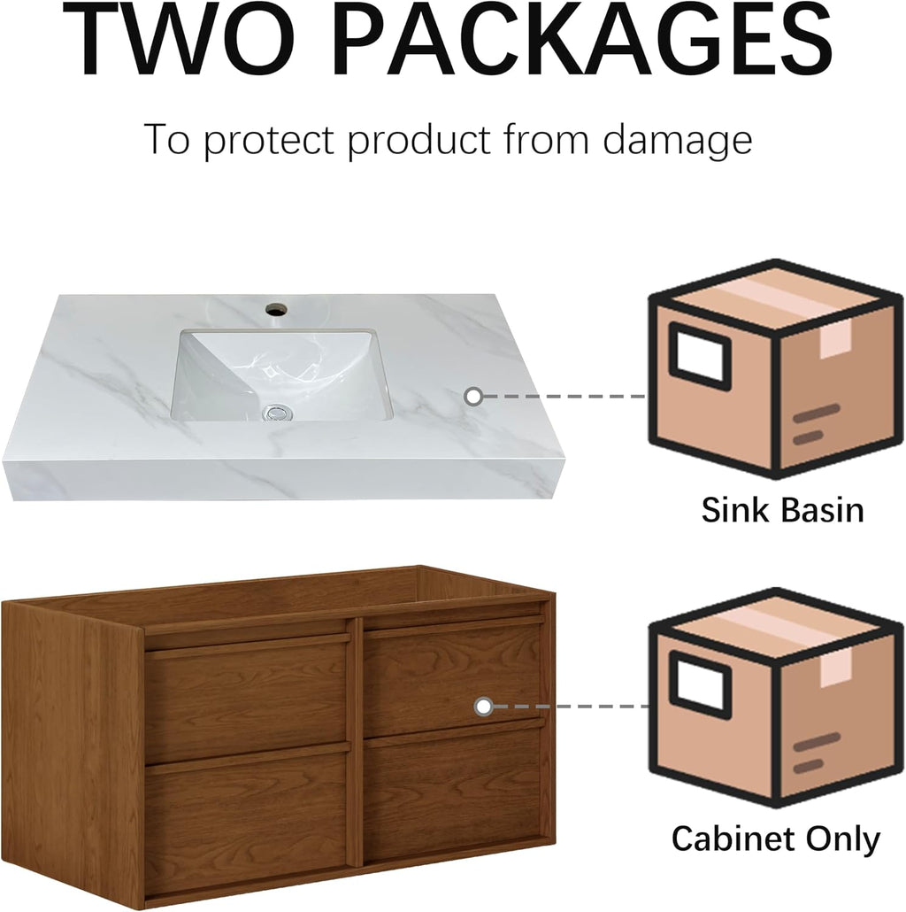 36 Inch Floating Bathroom Vanity with Sink Combo, Modern Sintered Stone Top Wood Bathroom Storage Cabinet, Ceramic Single Sink Vanity, Pre-Assembled with Drawers