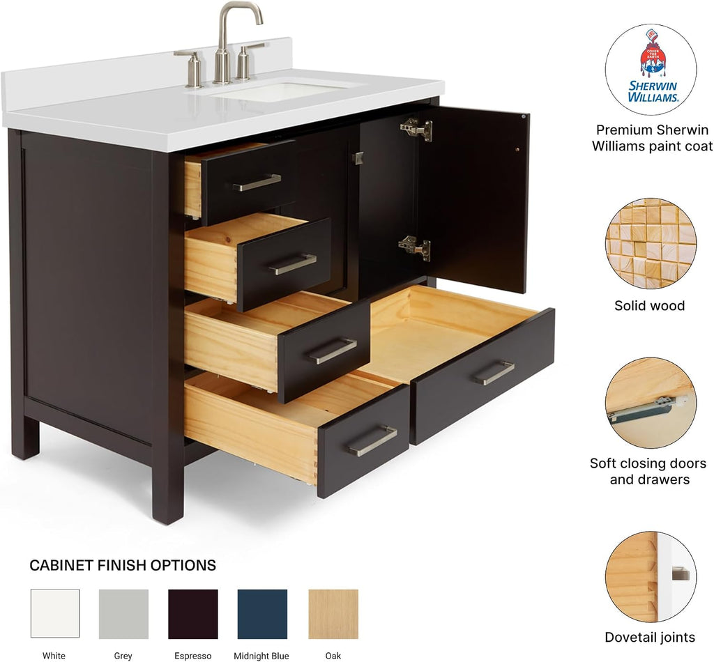 DKB Beckford 42-Inch Espresso Single Bathroom Vanity with Sink, 1.5-Inch White Quartz Countertop & Backsplash, Right Rectangular Undermount Sink, 2 Soft Closing Doors, 5 Dovetail Drawers, Solid Wood