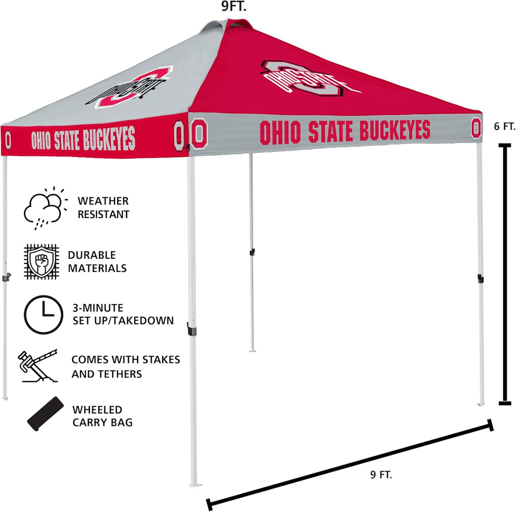Logo Brands NCAA Ohio State Buckeyes Checkerboard Canopy Tailgate Tent - 9' x 9', Vented Roof, Adjustable Height, Wheeled Carrying Bag, Powder Coated Steel