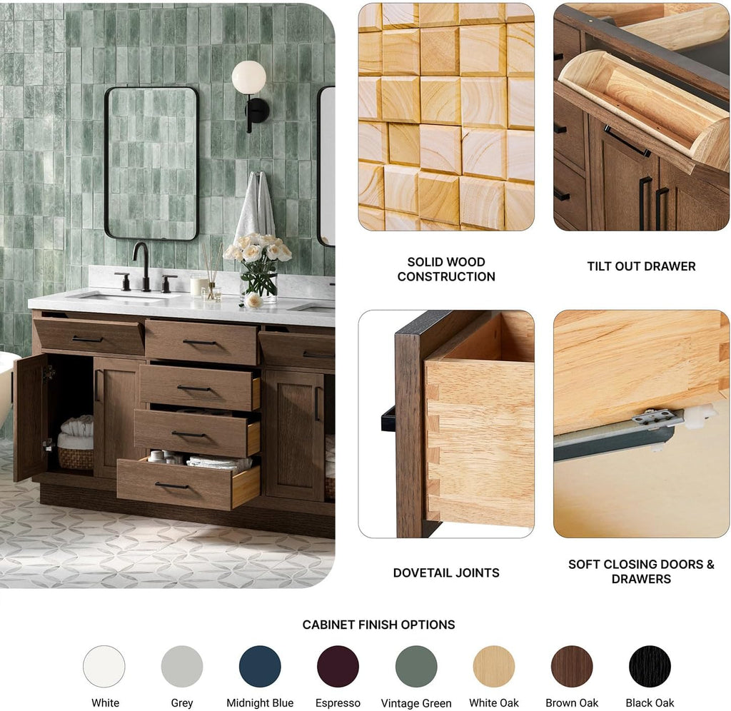 ARIEL Hepburn 66-inch Bathroom Vanity with Sink,Solid Wood, 1.5-inch Italian Carrara Marble Countertop, Double Rectangular Porcelain Sink, 4 Soft Closing Doors, 6 Dovetail Drawers, Brown Oak