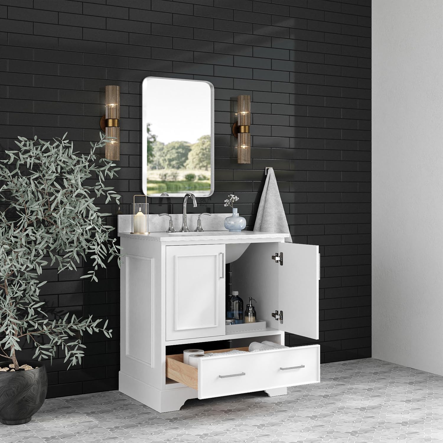 ARIEL Stafford 30-inch Bathroom Vanity with Sink,Solid Wood, 0.75-inch Italian Carrara Marble Countertop & Backsplash, Single Oval Porcelain Sink, 2 Soft Closing Doors, 1 Dovetail Drawers, White
