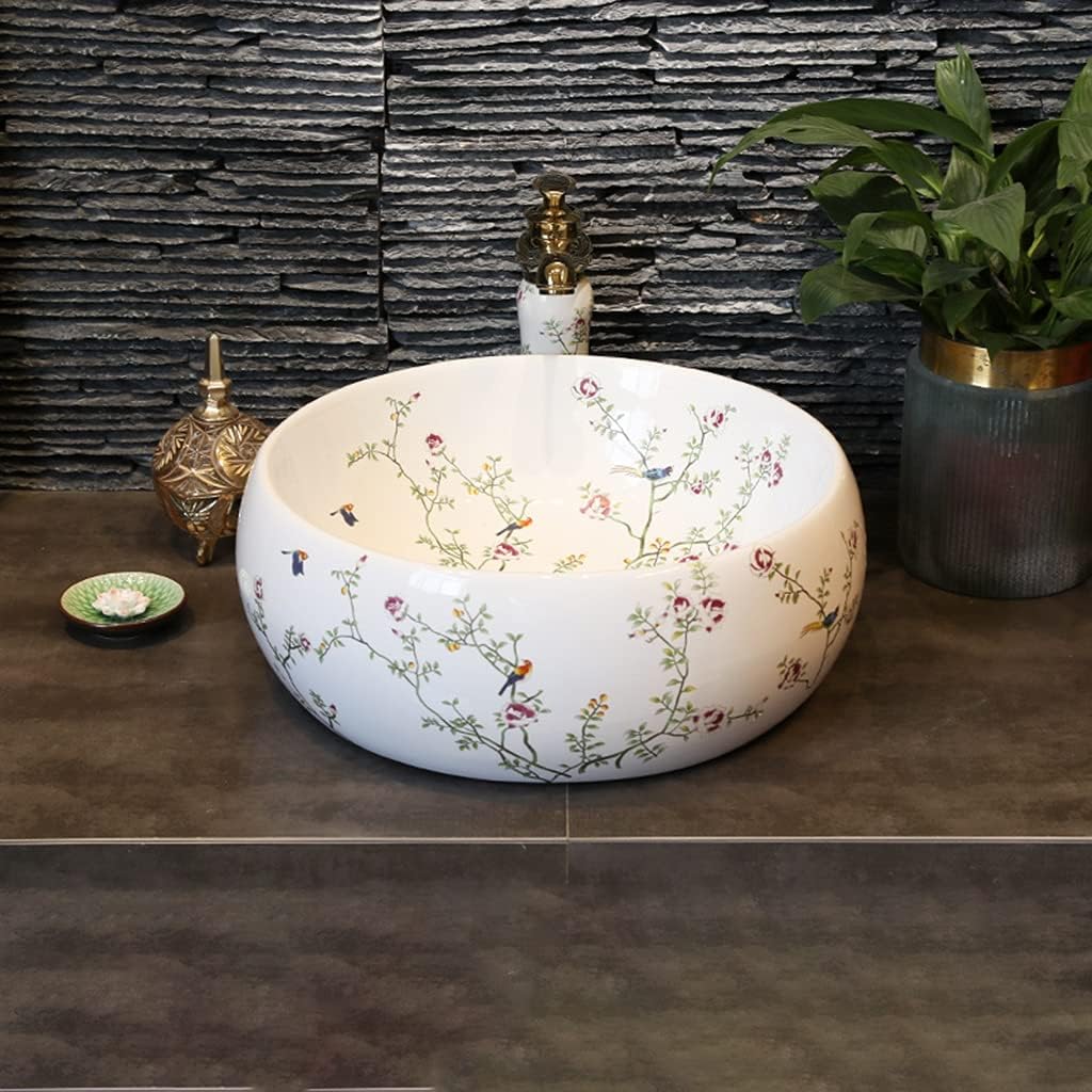 Bathroom Bar Vanity Vessel Sinks Above Counter Vanity Sink Tops Chinese Ceramic Lowes Bathroom Vanities Individual Flower and Bird Art Basin,42 * 15Cm,White,42 * 15cm