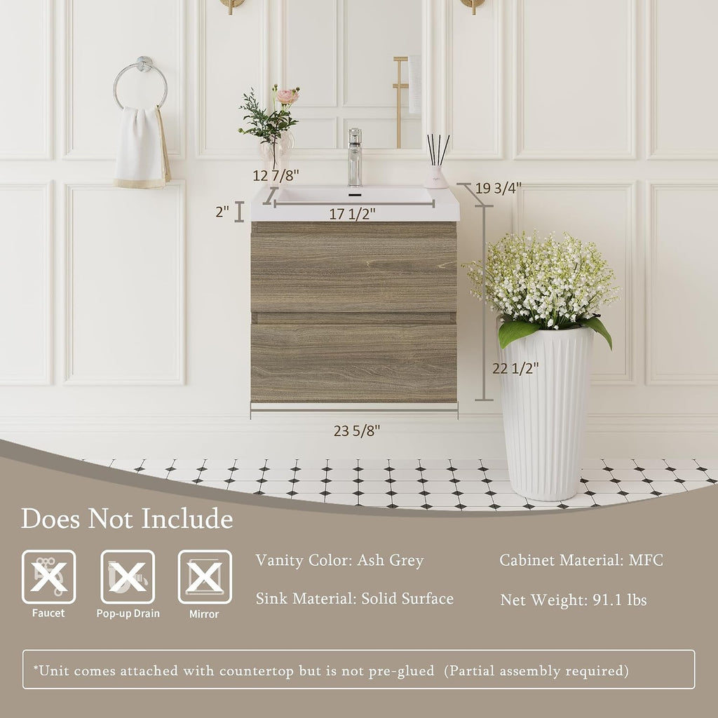 24' Floating Bathroom Vanity with Sink, Modern Wall-Mounted Bathroom Storage Vanity Cabinet with Resin Top Basin and Soft Close Drawers, Ash Grey