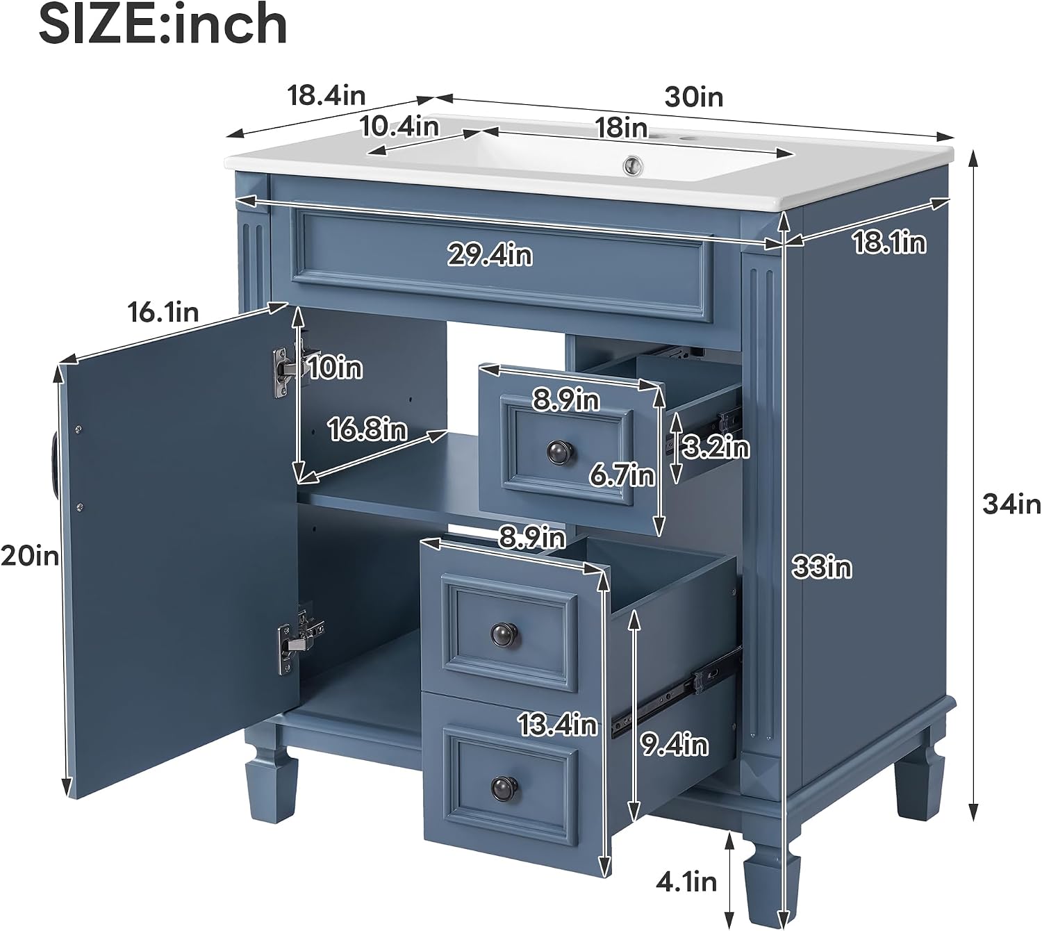 30 Inch Blue-Grey Bathroom Vanity with Sink,Modern Bathroom Vanity with 2 Right Hand Drawers & Adjustable Shelf,Soft Closing Doors & Black Handles,Solid Wood Frame,French Embossed Front