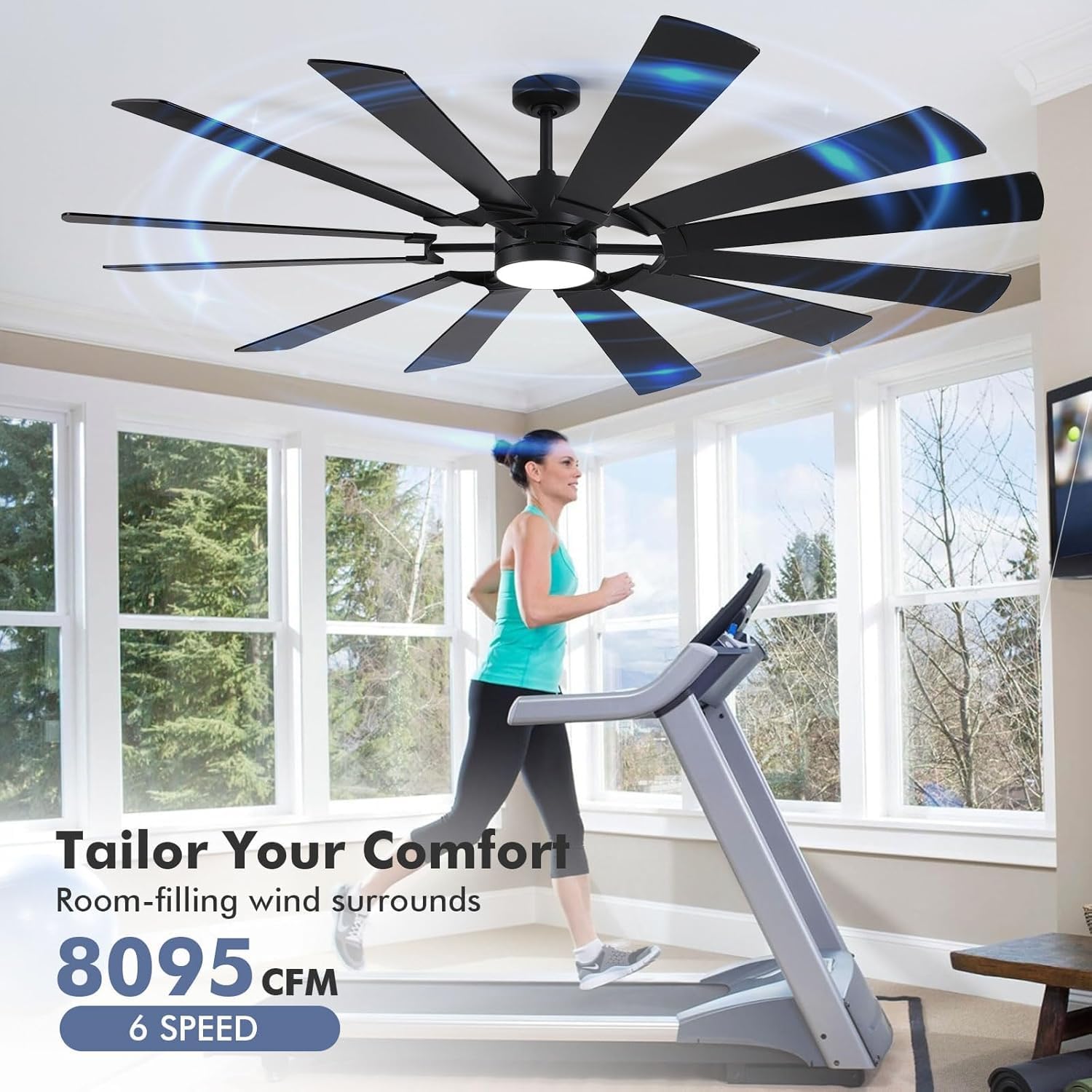 72 Inch Black Ceiling Fan with Light, 12 Dual-finish Blades Large Outdoor Ceiling Fan, Modern Industrial Cieling Fan with Reversible DC Motor, 3CCT, Dimmable LED for Garage, Patio, Indoor, Outdoor