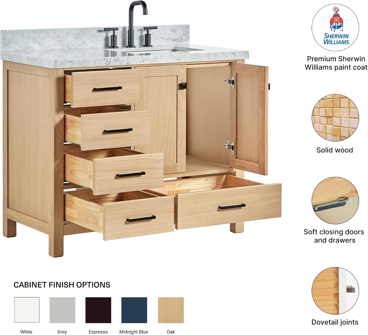 DKB Beckford 42-Inch Oak Bathroom Vanity with Sink, Italian Carrara Marble Countertop & 4' Backsplash, Soft Closing Door & Drawer, Matte Black Hardware