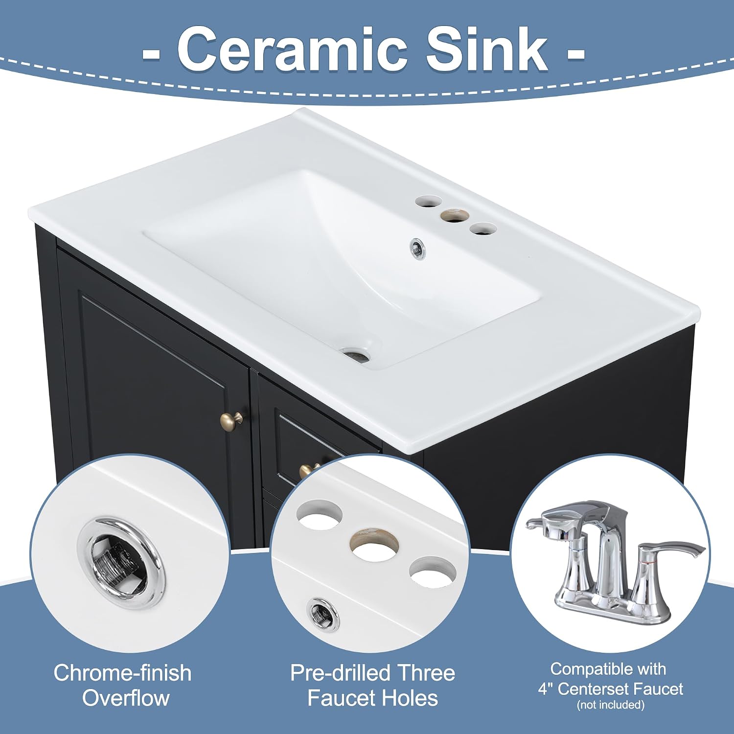 30' Modern Freestanding Bathroom Vanity with Ceramic Sink Top, 3 Drawers & Storage Shelves - MDF & Solid Wood Base