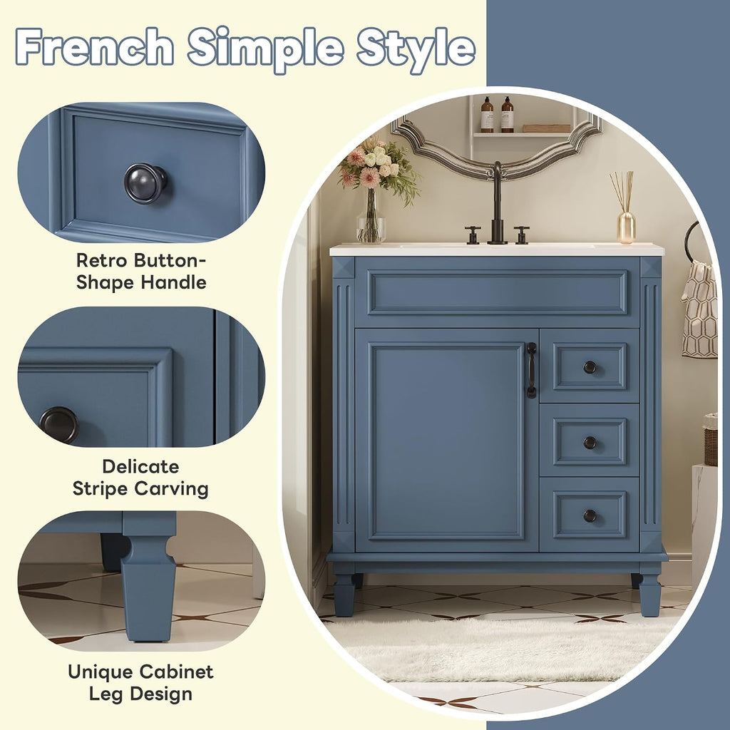 30 Inch Blue-Grey Bathroom Vanity with Sink,Modern Bathroom Vanity with 2 Right Hand Drawers & Adjustable Shelf,Soft Closing Doors & Black Handles,Solid Wood Frame,French Embossed Front