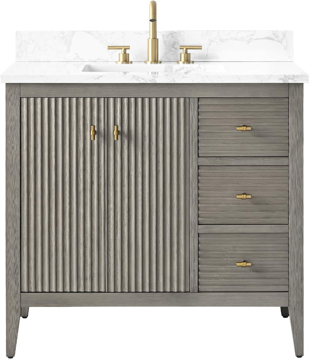 Vanity Art 36 inch Bathroom Vanity with Single Sink & Ceramic Top, Vanity Cabinet with Soft-Closing Door, Solid Wood Frame, Linear Pattern, Driftwood Gray, Golden Brushed Handware VA9136-DG-GB