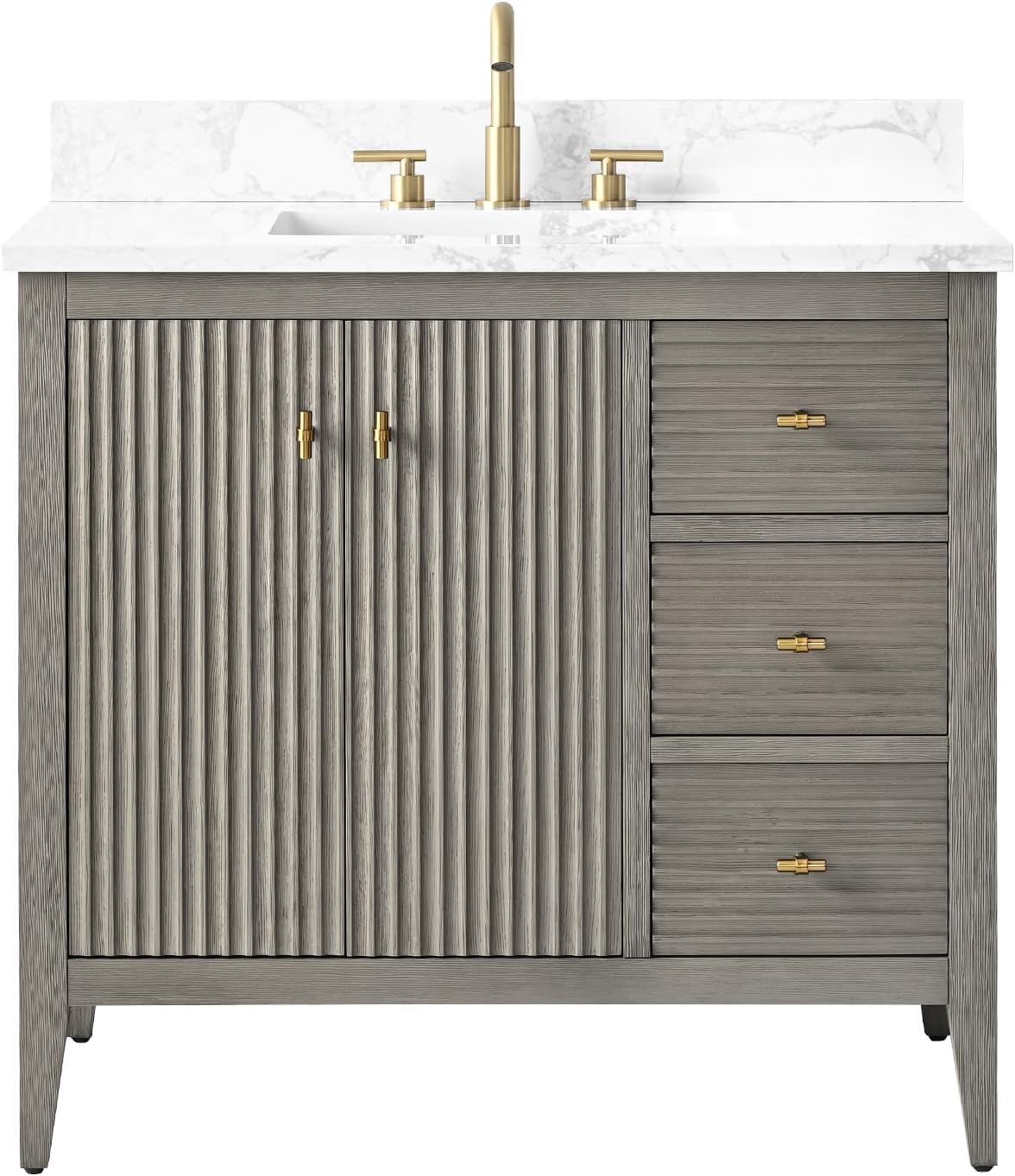 Vanity Art 36 inch Bathroom Vanity with Single Sink & Ceramic Top, Vanity Cabinet with Soft-Closing Door, Solid Wood Frame, Linear Pattern, Driftwood Gray, Golden Brushed Handware VA9136-DG-GB