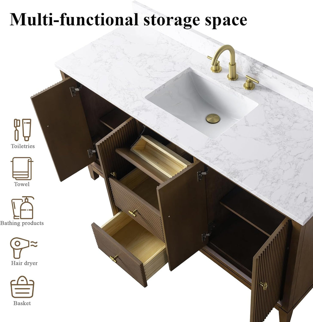 HOMEBEYOND 60' Bathroom Vanity with Single Sink & Engineered Marble Top, Solid Wood Frame, Linear Pattern & Soft Close Door | Golden Brushed Handware, Walnut