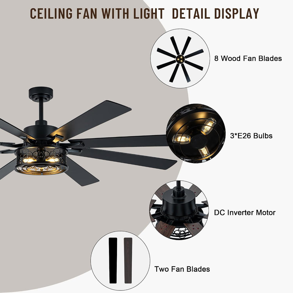 72 Inch Ceiling Fans with Lights, 6 Speed Reversible Quiet DC Motor 8 Dual Finish Wood Blades,Black Caged Rustic Large Industrial Ceiling Fans for Living Room Bedroom Patio,Indoor and Outdoor
